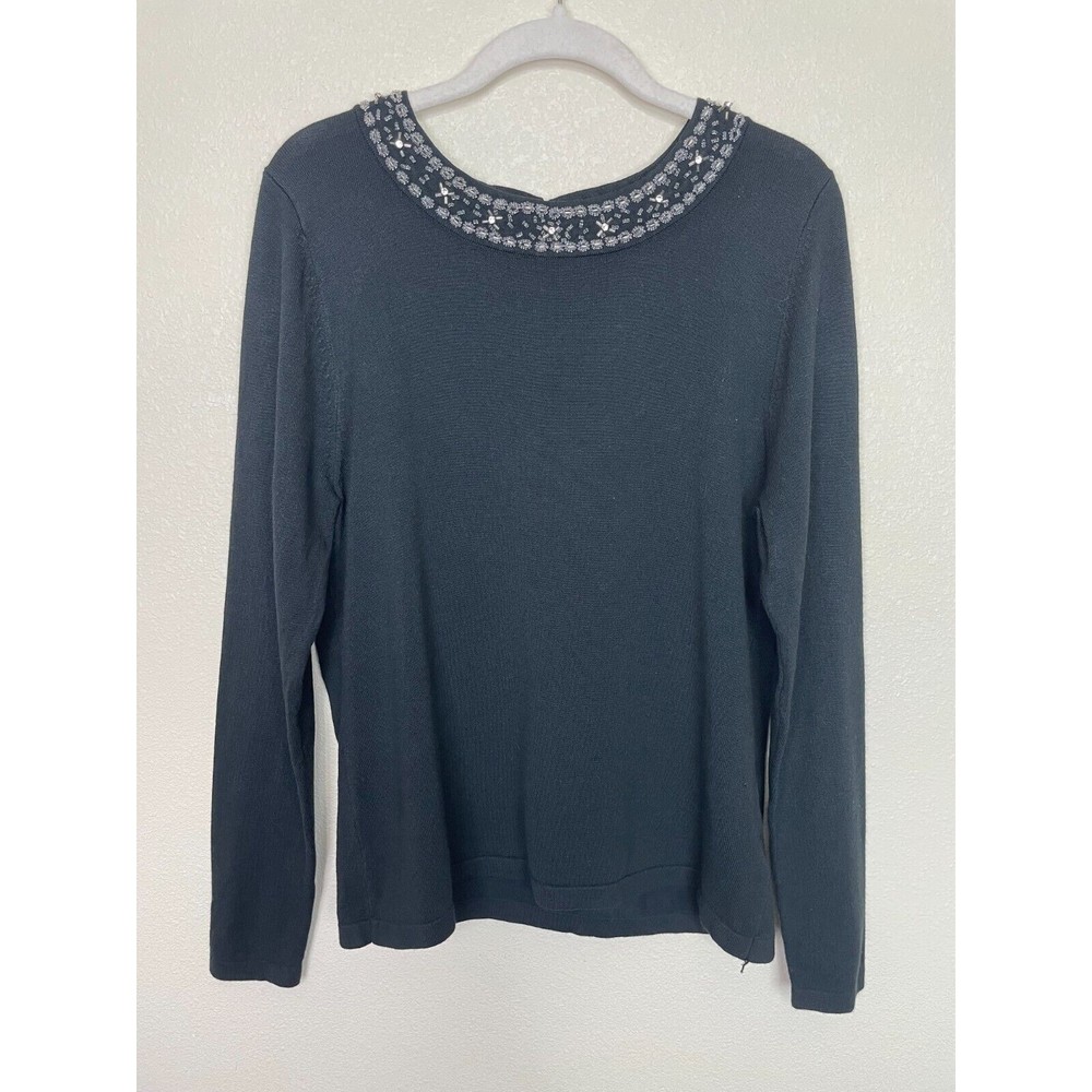 Croft & Barrow Sz M Beaded Blouse Black Long Sleeve Pullover Scoop Neck Stretch